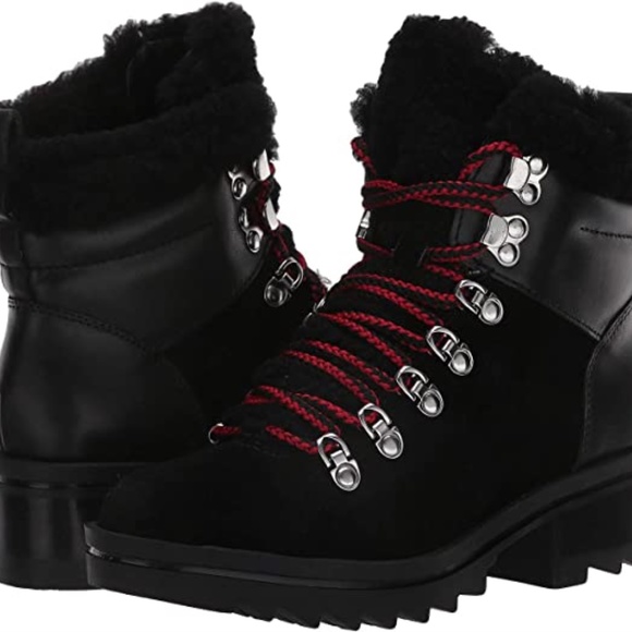 MARC FISHER BRYLEE BLACK LEATHER FUR HIKING BOOTS - Picture 4 of 6